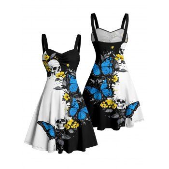 Skulls Butterfly Print Monochrome Ruched Bust Gothic Dress Sweetheart Neck A Line Mini Holiday Dress
