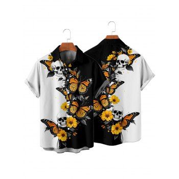 Gothic Couple Outfit Skulls Butterfly Print Monochrome Ruched Bust Dress and Button Up Shirt Holiday Matching Outfit