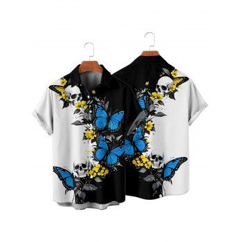 Gothic Couple Outfit Skulls Butterfly Print Monochrome Ruched Bust Dress and Button Up Shirt Holiday Matching Outfit
