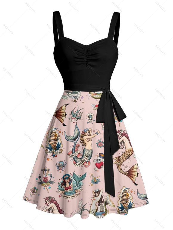 Robe vintage à imprimé tête de mort et lettres, buste froncé, ceinture, décolleté en cœur, coupe trapèze, mini robe de vacances - Noir S | US 4