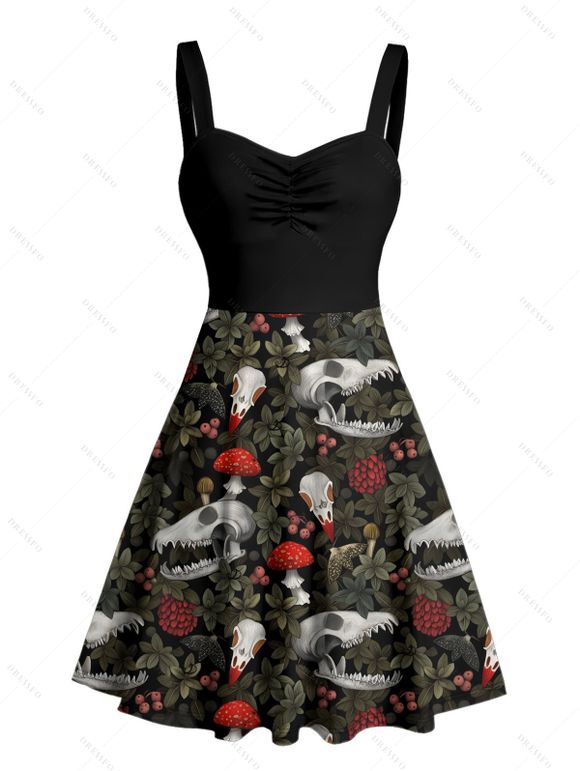 Robe gothique à imprimé tête de mort, plante, champignon, buste froncé, col en cœur, coupe trapèze, mini robe de vacances - Noir XXXXXL | US 20