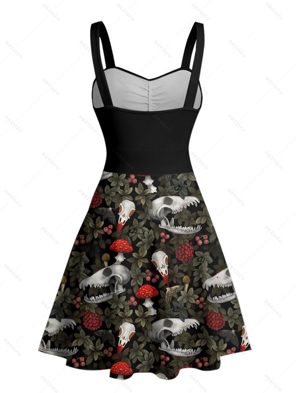Robe gothique à imprimé tête de mort, plante, champignon, buste froncé, col en cœur, coupe trapèze, mini robe de vacances - Noir XXXXXL | US 20