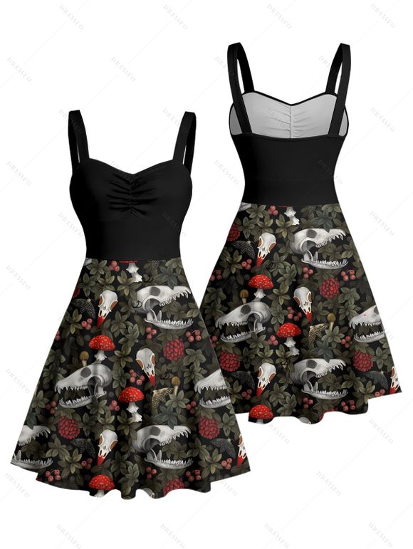 Robe gothique à imprimé tête de mort, plante, champignon, buste froncé, col en cœur, coupe trapèze, mini robe de vacances - Noir XXXXXL | US 20