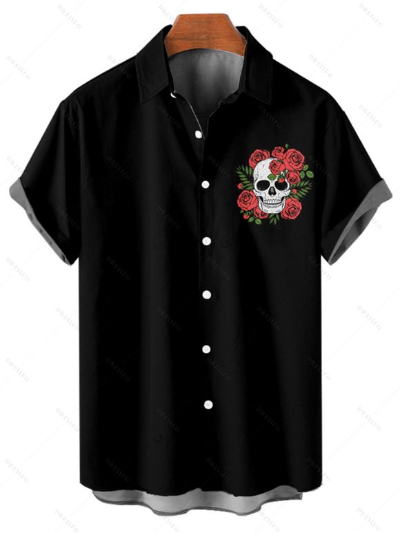 Chemise gothique à manches courtes et boutons pour homme, imprimé tête de mort rétro, motif feuilles de rose, style vacances - Noir 5XL