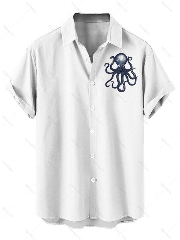 Chemise de vacances pour homme à imprimé cartes à jouer poulpe, boutonnée, retroussée, manches courtes, décontractée - Blanc 5XL