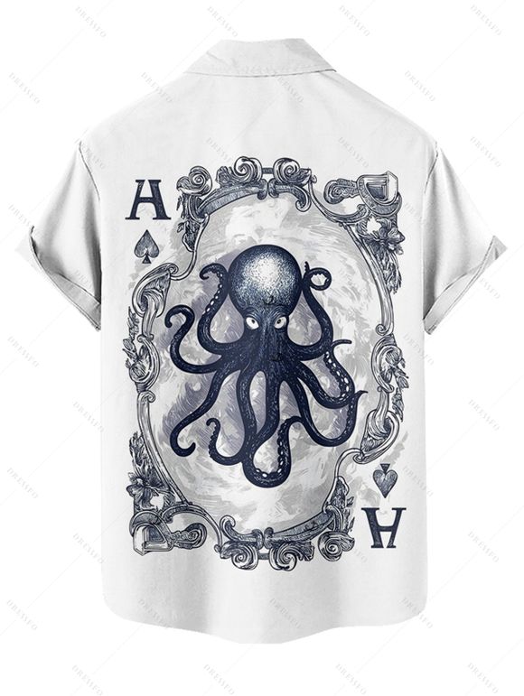 Chemise de vacances pour homme à imprimé cartes à jouer poulpe, boutonnée, retroussée, manches courtes, décontractée - Blanc 4XL