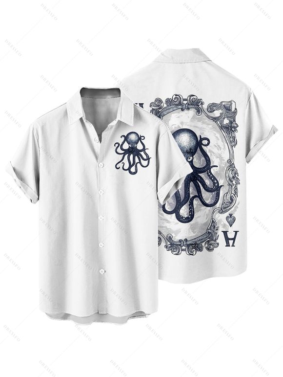 Chemise de vacances pour homme à imprimé cartes à jouer poulpe, boutonnée, retroussée, manches courtes, décontractée - Blanc 4XL