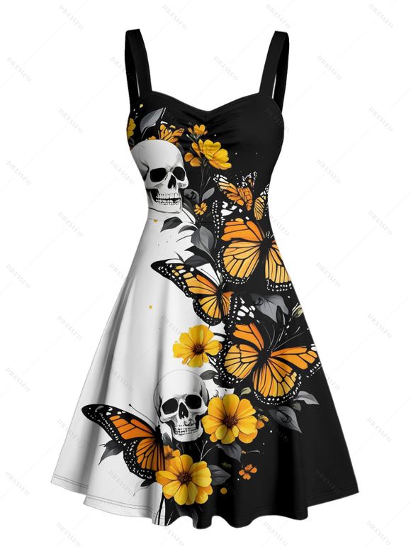 Robe gothique monochrome à imprimé papillon et tête de mort, buste froncé, décolleté en cœur, mini robe de vacances trapèze - Noir S | US 4