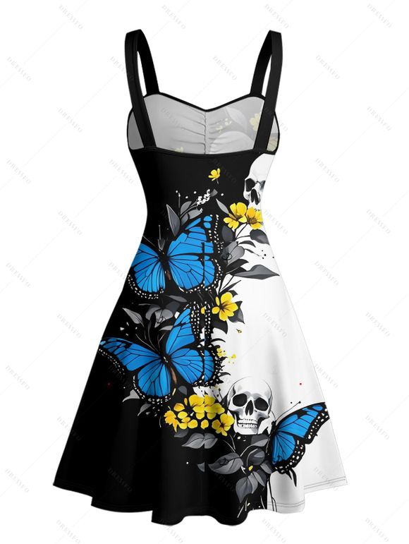 Robe gothique monochrome à imprimé papillon et tête de mort, buste froncé, décolleté en cœur, mini robe de vacances trapèze - Bleu XXXXXL | US 20