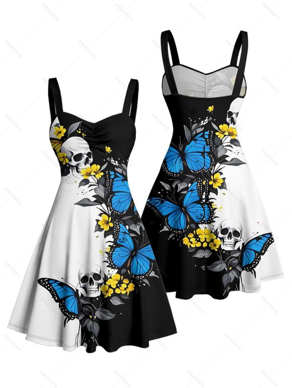 Robe gothique monochrome à imprimé papillon et tête de mort, buste froncé, décolleté en cœur, mini robe de vacances trapèze - Bleu XXXXXL | US 20