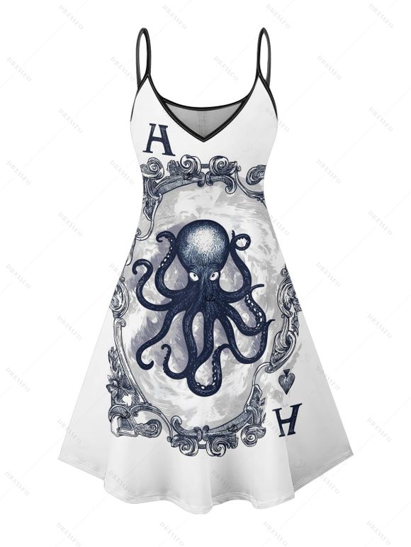 Robe de vacances à imprimé cartes à jouer poulpe, bretelles spaghetti, col en V, coupe trapèze, mini, décontractée - Blanc XXXXXL | US 20