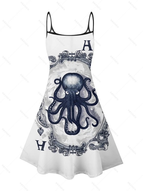 Robe de vacances à imprimé cartes à jouer poulpe, bretelles spaghetti, col en V, coupe trapèze, mini, décontractée - Blanc XXXXXL | US 20