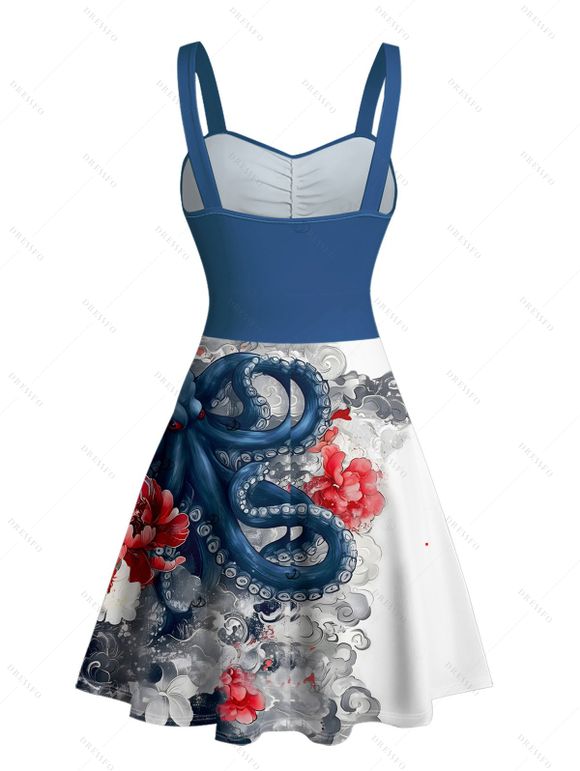 Robe de plage courte à imprimé floral et vagues de poulpe, buste froncé, décolleté en cœur, coupe trapèze - Bleu profond S | US 4
