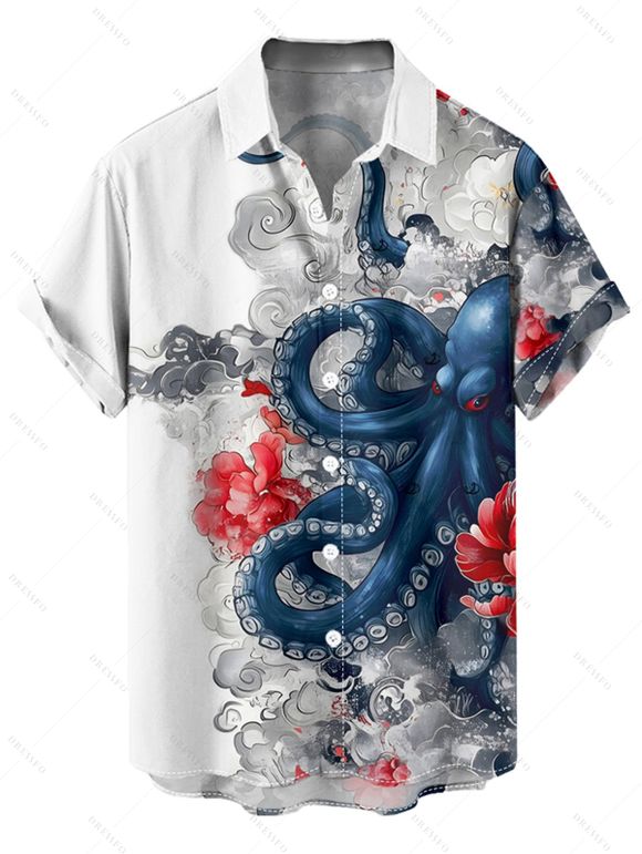 Chemise de vacances à imprimé floral et vagues de poulpe pour homme, chemise de plage à manches courtes et boutonnée et retroussable - Blanc 5XL