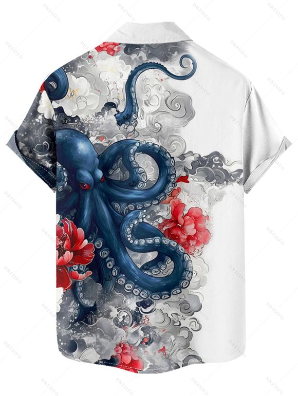 Chemise de vacances à imprimé floral et vagues de poulpe pour homme, chemise de plage à manches courtes et boutonnée et retroussable - Blanc S