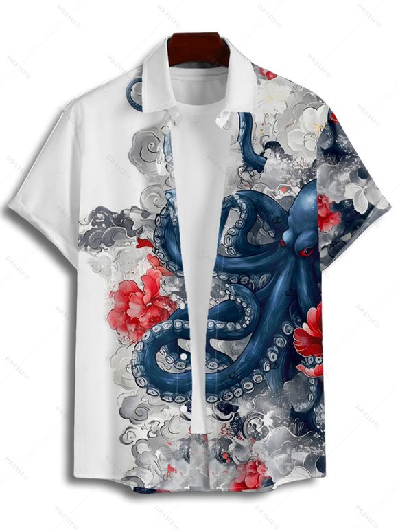 Chemise de vacances à imprimé floral et vagues de poulpe pour homme, chemise de plage à manches courtes et boutonnée et retroussable - Blanc S