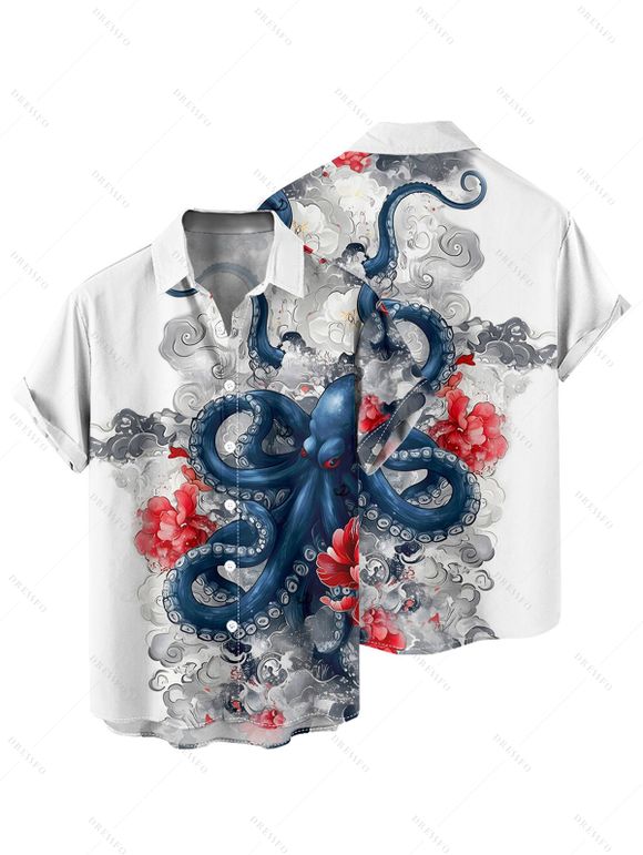 Chemise de vacances à imprimé floral et vagues de poulpe pour homme, chemise de plage à manches courtes et boutonnée et retroussable - Blanc S