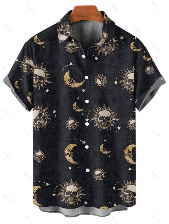 Chemise gothique à manches courtes et boutons, motif soleil, lune, étoiles et crânes, idéale pour les fêtes - Noir 5XL