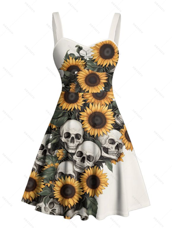 Robe gothique à imprimé feuilles et crânes de tournesol, buste froncé, col en cœur, coupe trapèze, mini robe de vacances - Beige XXXXXL | US 20