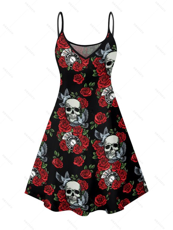 Robe gothique à imprimé feuilles de rose et crânes rétro, bretelles spaghetti, col en V, coupe trapèze, mini-robe débardeur de vacances - Noir XXXXXL | US 20