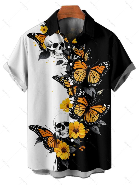 Chemise gothique monochrome à imprimé tête de mort et papillon pour homme, boutonnée, retroussée, manches courtes, idéale pour les fêtes - Noir 5XL