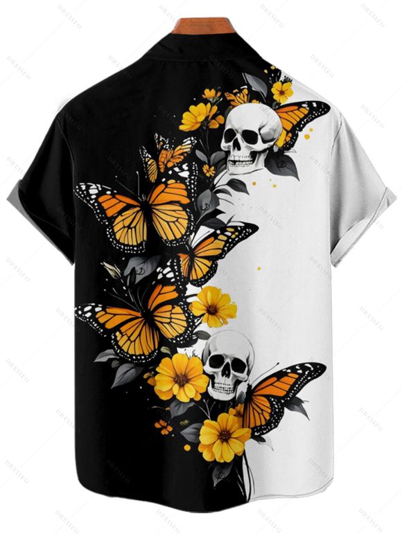Chemise gothique monochrome à imprimé tête de mort et papillon pour homme, boutonnée, retroussée, manches courtes, idéale pour les fêtes - Noir M