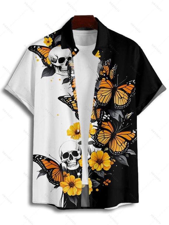 Chemise gothique monochrome à imprimé tête de mort et papillon pour homme, boutonnée, retroussée, manches courtes, idéale pour les fêtes - Noir M