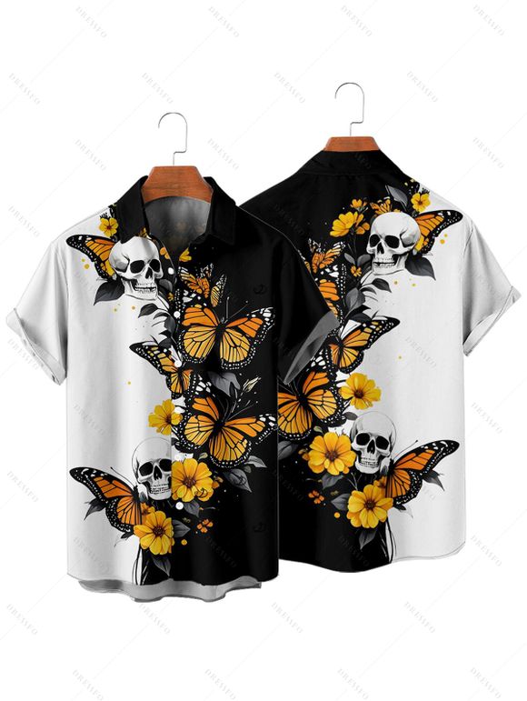 Chemise gothique monochrome à imprimé tête de mort et papillon pour homme, boutonnée, retroussée, manches courtes, idéale pour les fêtes - Noir M