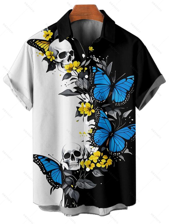 Chemise gothique monochrome à imprimé tête de mort et papillon pour homme, boutonnée, retroussée, manches courtes, idéale pour les fêtes - Bleu 5XL