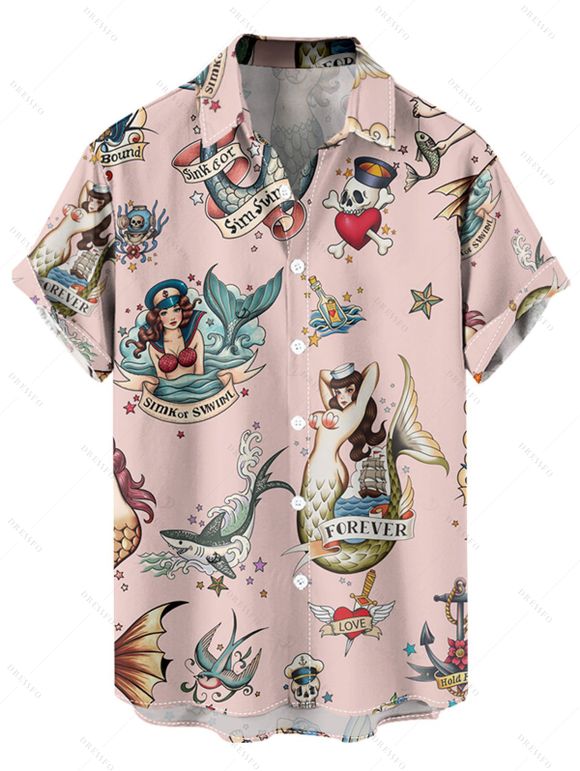 Chemise vintage à manches courtes et boutons pour homme, motif tête de mort et sirène, style vacances - Rose clair 5XL
