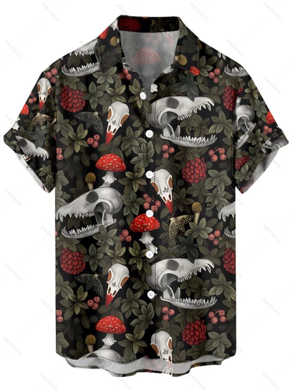 Chemise gothique à manches courtes et boutons pour homme, motif tête de mort, plante, champignon, vacances - Noir 5XL