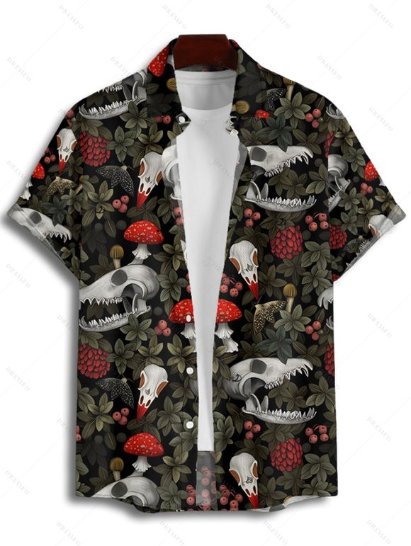Chemise gothique à manches courtes et boutons pour homme, motif tête de mort, plante, champignon, vacances - Noir 2XL