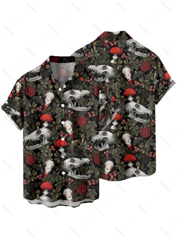 Chemise gothique à manches courtes et boutons pour homme, motif tête de mort, plante, champignon, vacances - Noir 2XL