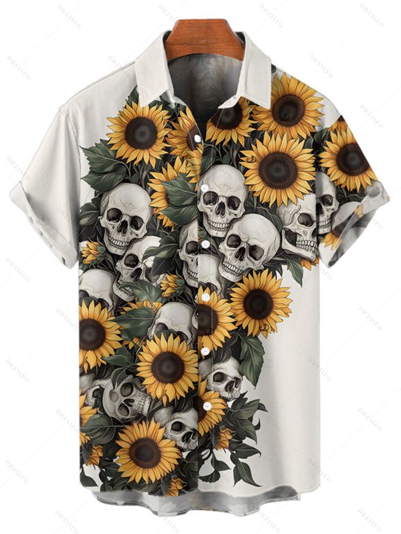 Chemise gothique à manches courtes et boutons pour homme, imprimé feuilles et crânes de tournesol, style vacances - Beige 5XL