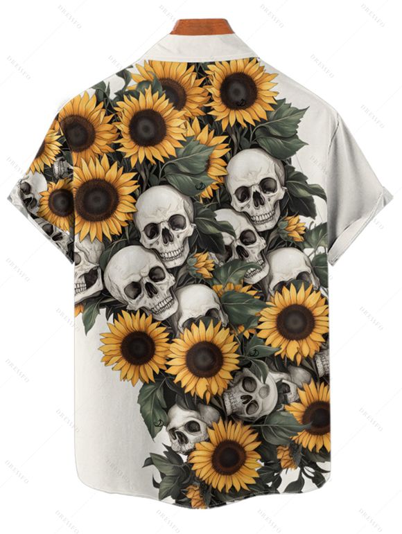 Chemise gothique à manches courtes et boutons pour homme, imprimé feuilles et crânes de tournesol, style vacances - Beige 5XL