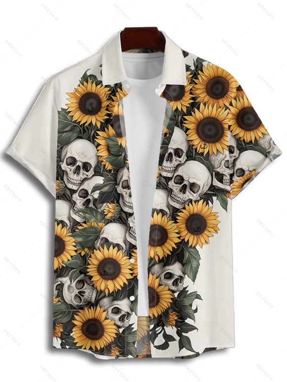 Chemise gothique à manches courtes et boutons pour homme, imprimé feuilles et crânes de tournesol, style vacances - Beige 5XL