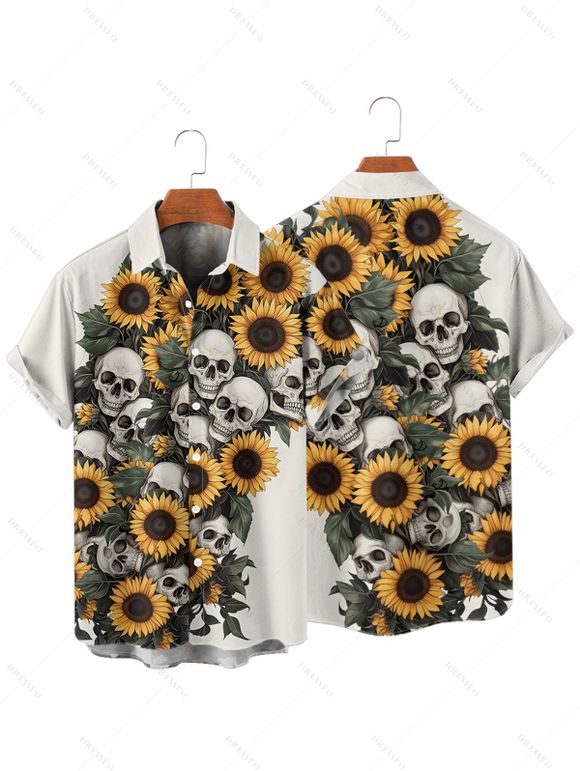 Chemise gothique à manches courtes et boutons pour homme, imprimé feuilles et crânes de tournesol, style vacances - Beige 5XL