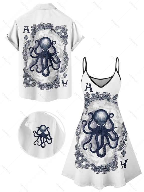 Vacation Couple Outfit Octopus Playing Cards Print Spaghetti Strap V Neck A Line Mini Tank Dress and Button Up Shirt Matching Outfit - Blanc S | US 4