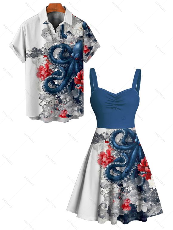 Vacation Couple Outfit Octopus Floral Wave Marine Life Print Ruched Bust Dress and Button Up Shirt Beach Matching Outfit - Blanc S | US 4