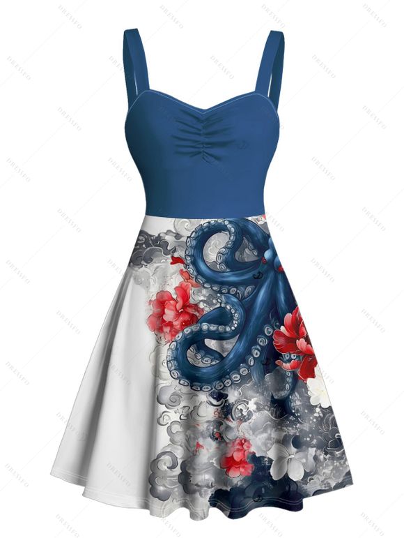 Vacation Couple Outfit Octopus Floral Wave Marine Life Print Ruched Bust Dress and Button Up Shirt Beach Matching Outfit - Blanc S | US 4