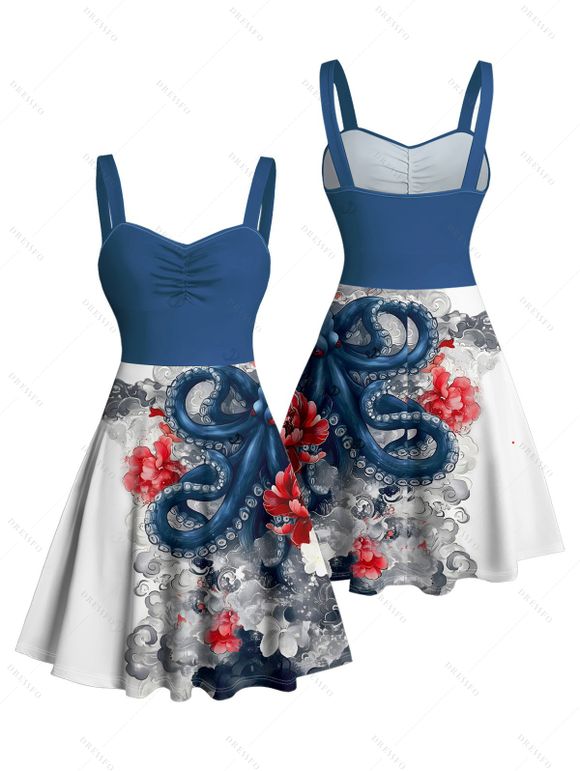 Vacation Couple Outfit Octopus Floral Wave Marine Life Print Ruched Bust Dress and Button Up Shirt Beach Matching Outfit - Blanc S | US 4