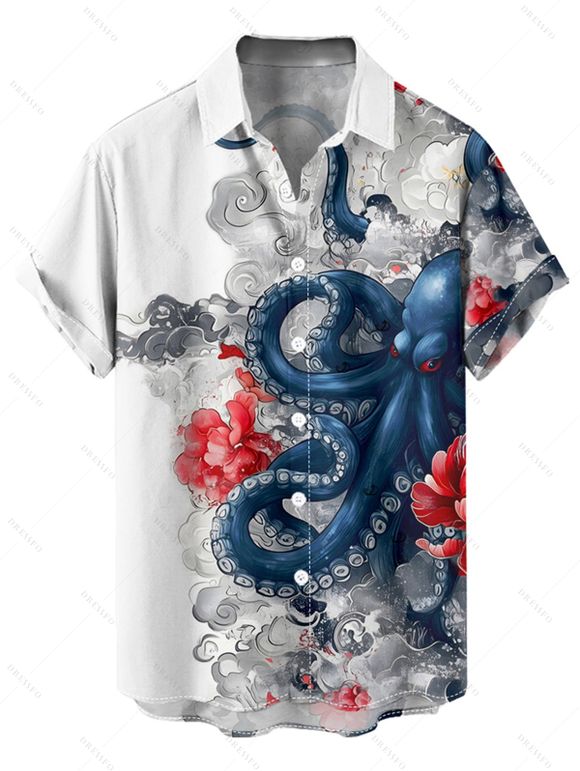 Vacation Couple Outfit Octopus Floral Wave Marine Life Print Ruched Bust Dress and Button Up Shirt Beach Matching Outfit - Blanc S | US 4