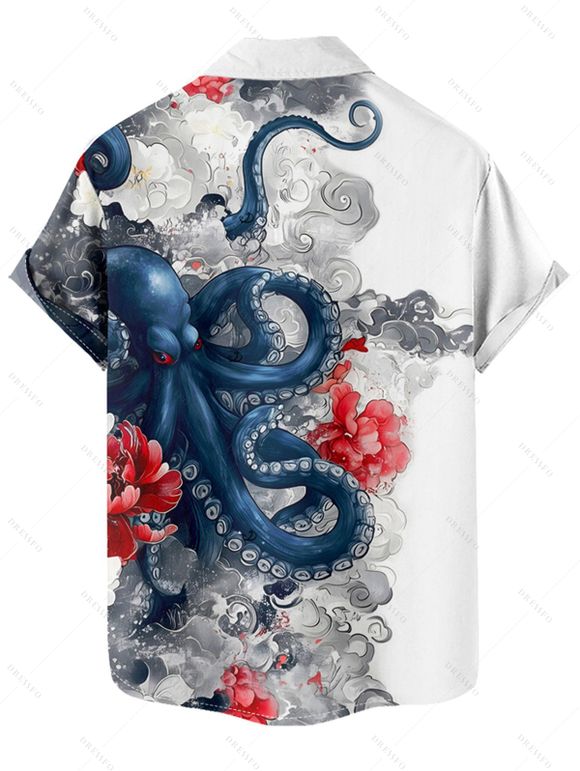Vacation Couple Outfit Octopus Floral Wave Marine Life Print Ruched Bust Dress and Button Up Shirt Beach Matching Outfit - Blanc S | US 4