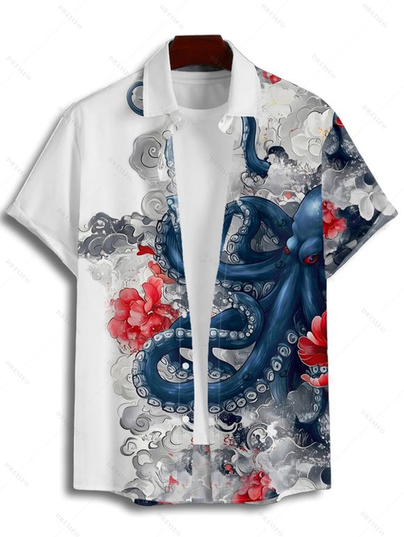Vacation Couple Outfit Octopus Floral Wave Marine Life Print Ruched Bust Dress and Button Up Shirt Beach Matching Outfit - Blanc S | US 4