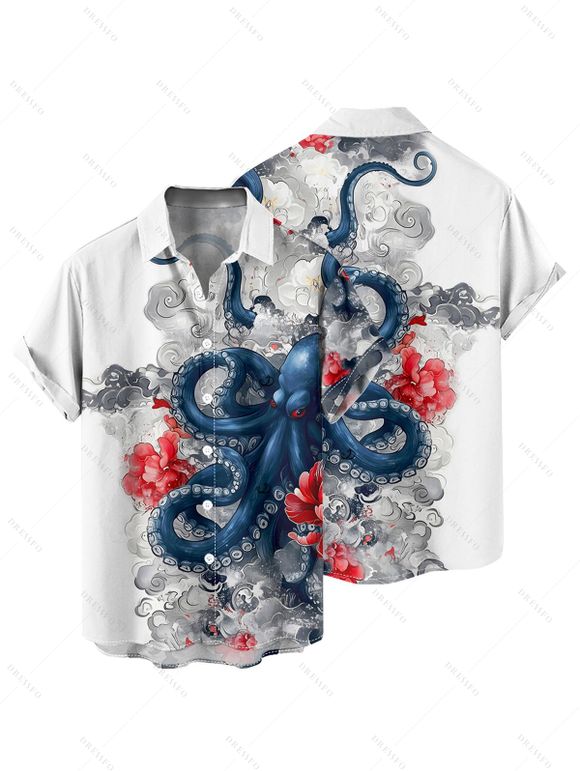 Vacation Couple Outfit Octopus Floral Wave Marine Life Print Ruched Bust Dress and Button Up Shirt Beach Matching Outfit - Blanc S | US 4