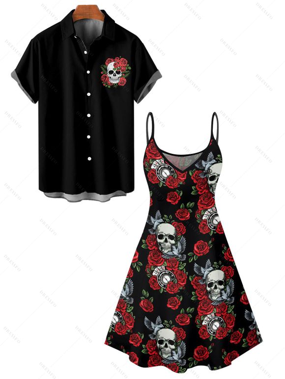 Gothic Couple Outfit Rose Leaf Retro Skulls Print Spaghetti Strap V Neck A Line Mini Tank Dress and Button Up Shirt Holiday Matching Outfit - Noir S | US 4