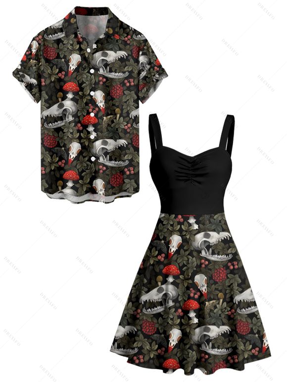 Gothic Couple Outfit Skull Plant Mushroom Print Ruched Bust Sweetheart Neck A Line Mini Dress and Button Up Shirt Vacation Matching Outfit - Noir S | US 4