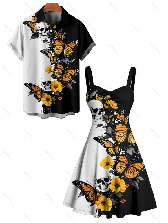 Gothic Couple Outfit Skulls Butterfly Print Monochrome Ruched Bust Dress and Button Up Shirt Holiday Matching Outfit - Noir S | US 4