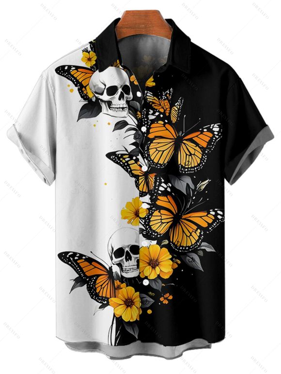 Gothic Couple Outfit Skulls Butterfly Print Monochrome Ruched Bust Dress and Button Up Shirt Holiday Matching Outfit - Noir S | US 4