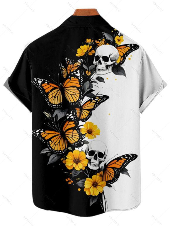 Gothic Couple Outfit Skulls Butterfly Print Monochrome Ruched Bust Dress and Button Up Shirt Holiday Matching Outfit - Noir S | US 4